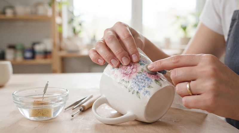 轉寫紙像貼紙般貼上白瓷,是 Porcelarts 最具代表性的技法之一。