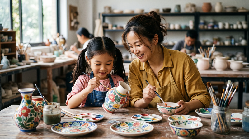 父母陪在身邊,一起完成一件作品。
