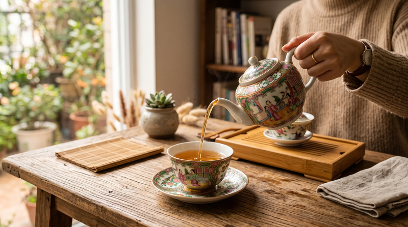 用廣彩杯品茗,別有一番韻味。
